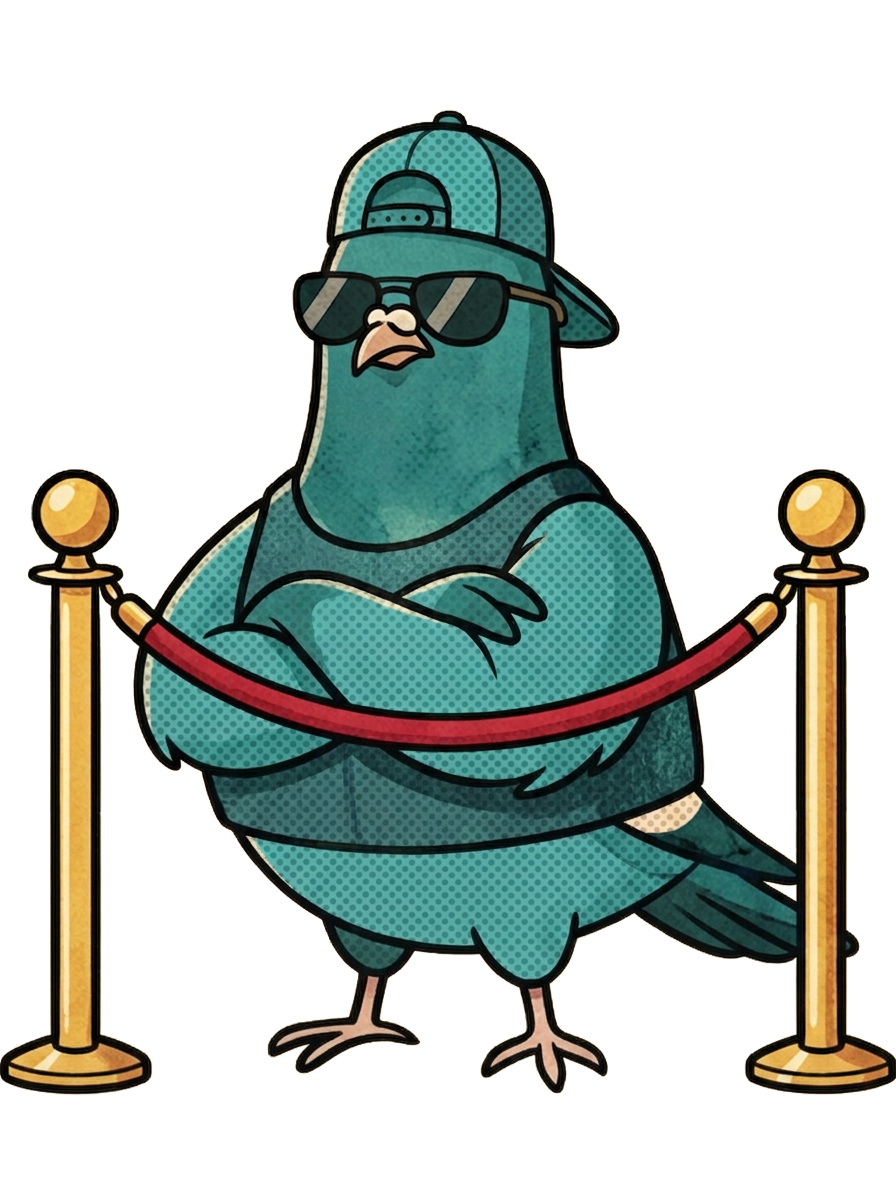 Pidgy in sunglasses, arms folded behind a velvet rope