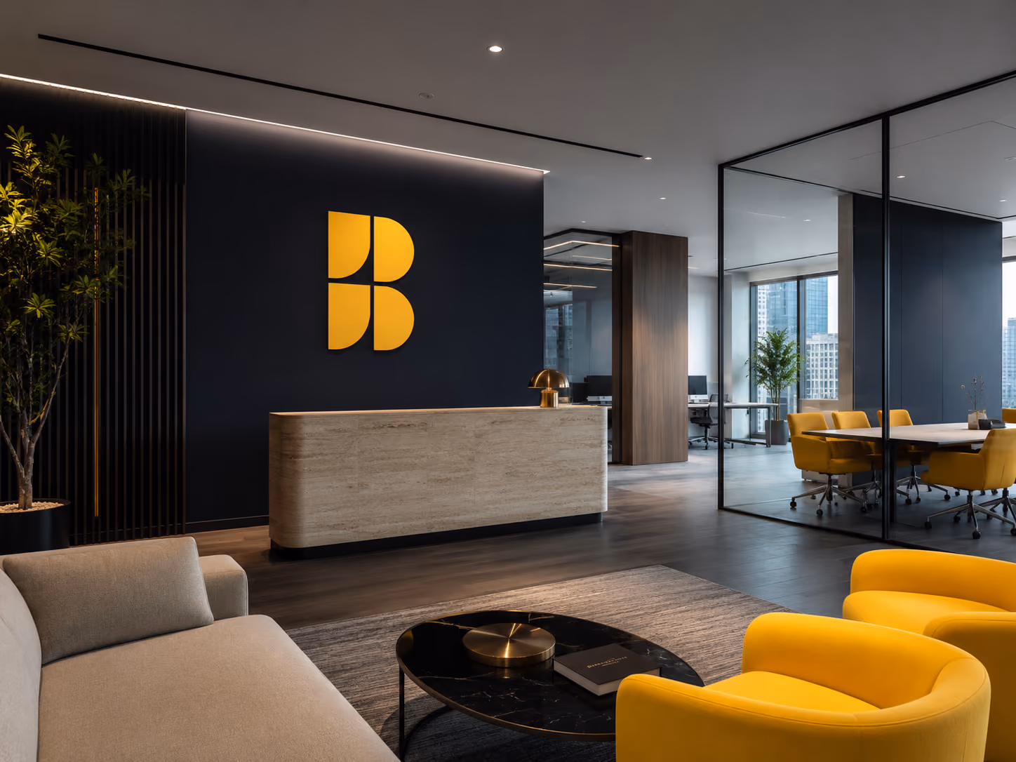Modern office reception with beige couch, yellow chairs, wooden desk, and glass-walled meeting room.