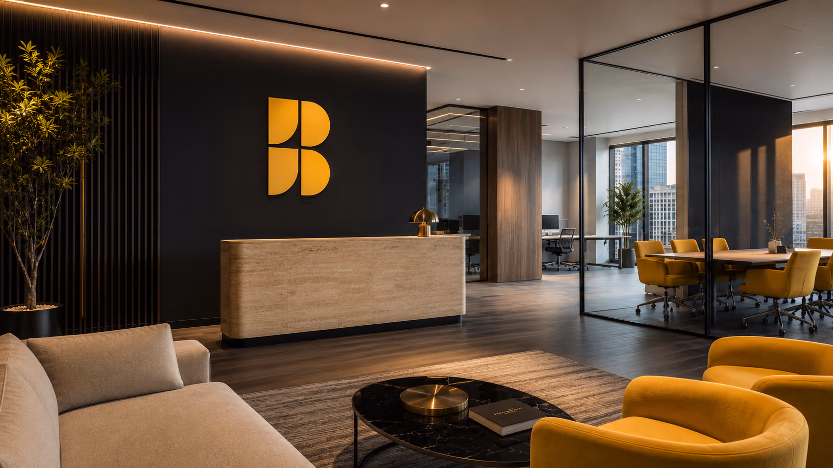 Modern office lobby with beige sofa, yellow chairs, reception desk, and a glass-walled conference room.