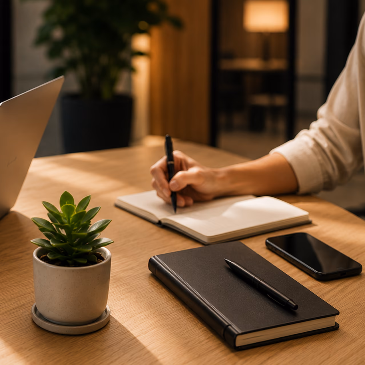 Person writing in a notebook at a wooden desk with a plant, closed black notebook, and smartphone nearby.