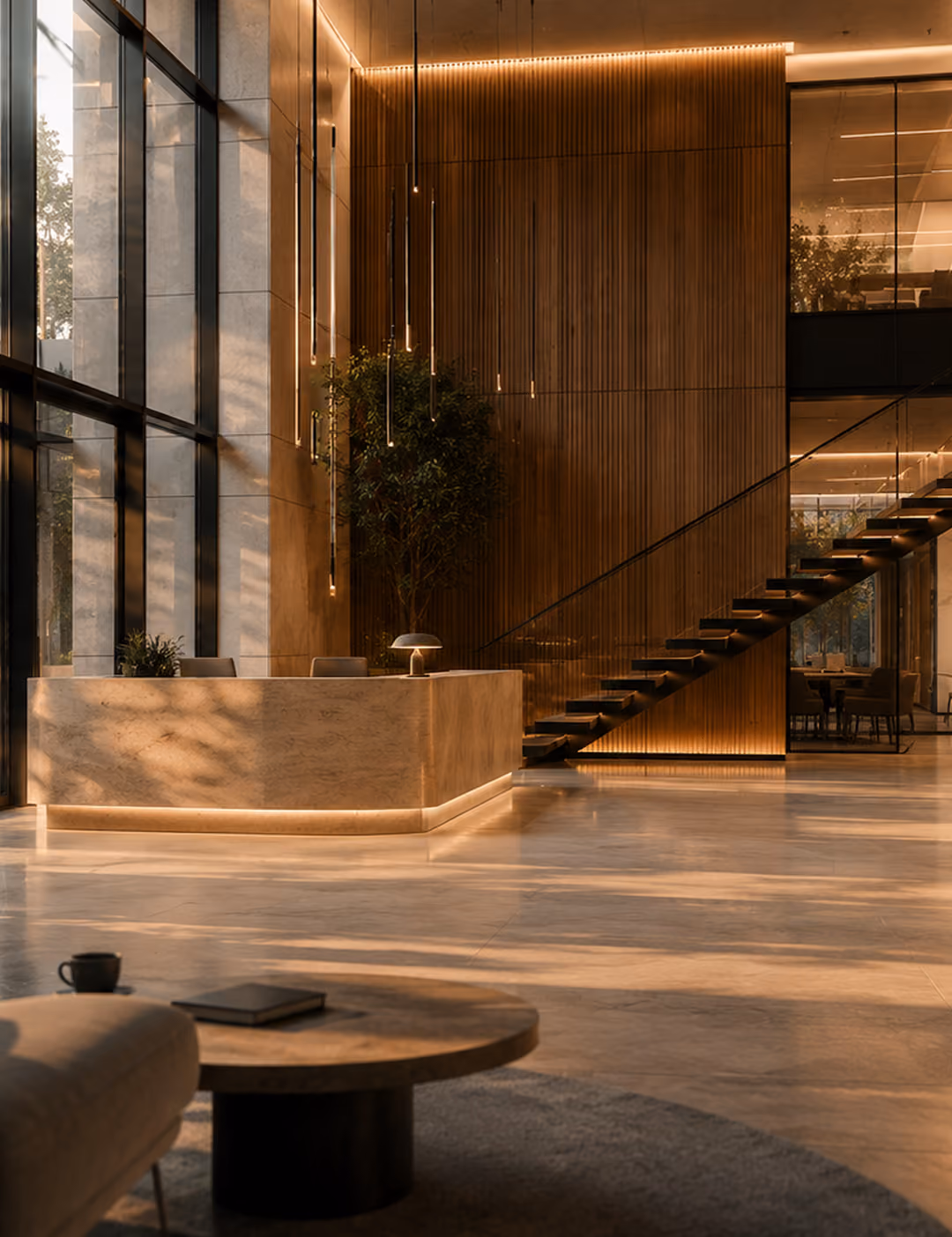 Spacious modern office lobby with marble floor, large windows, reception desk, and floating staircase.
