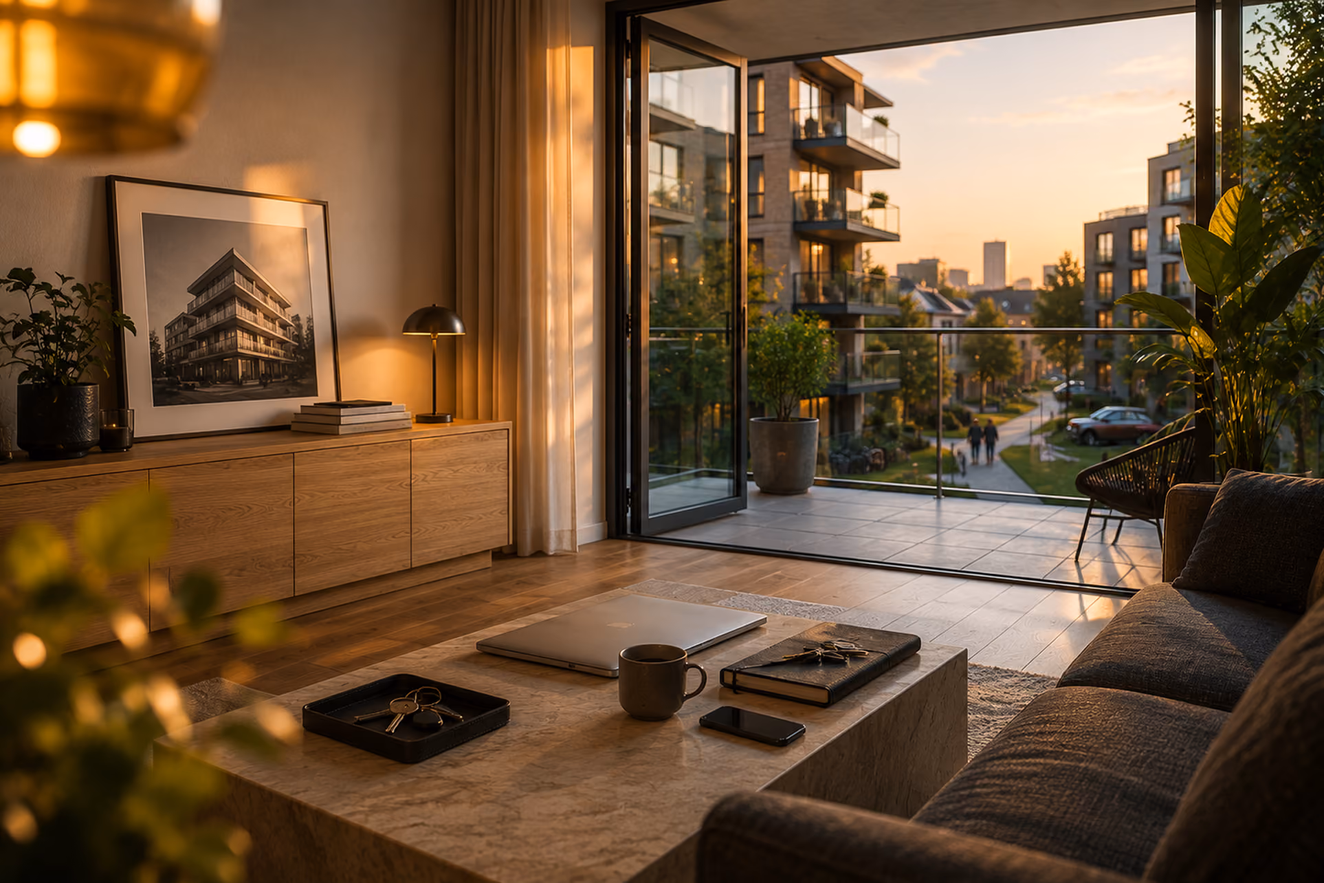 Cozy living room with open balcony overlooking modern apartments at sunset, with plants and furniture.