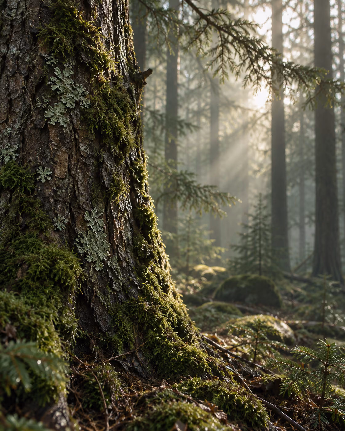 Moosbewachsener Baumstamm im Bayerischen Wald