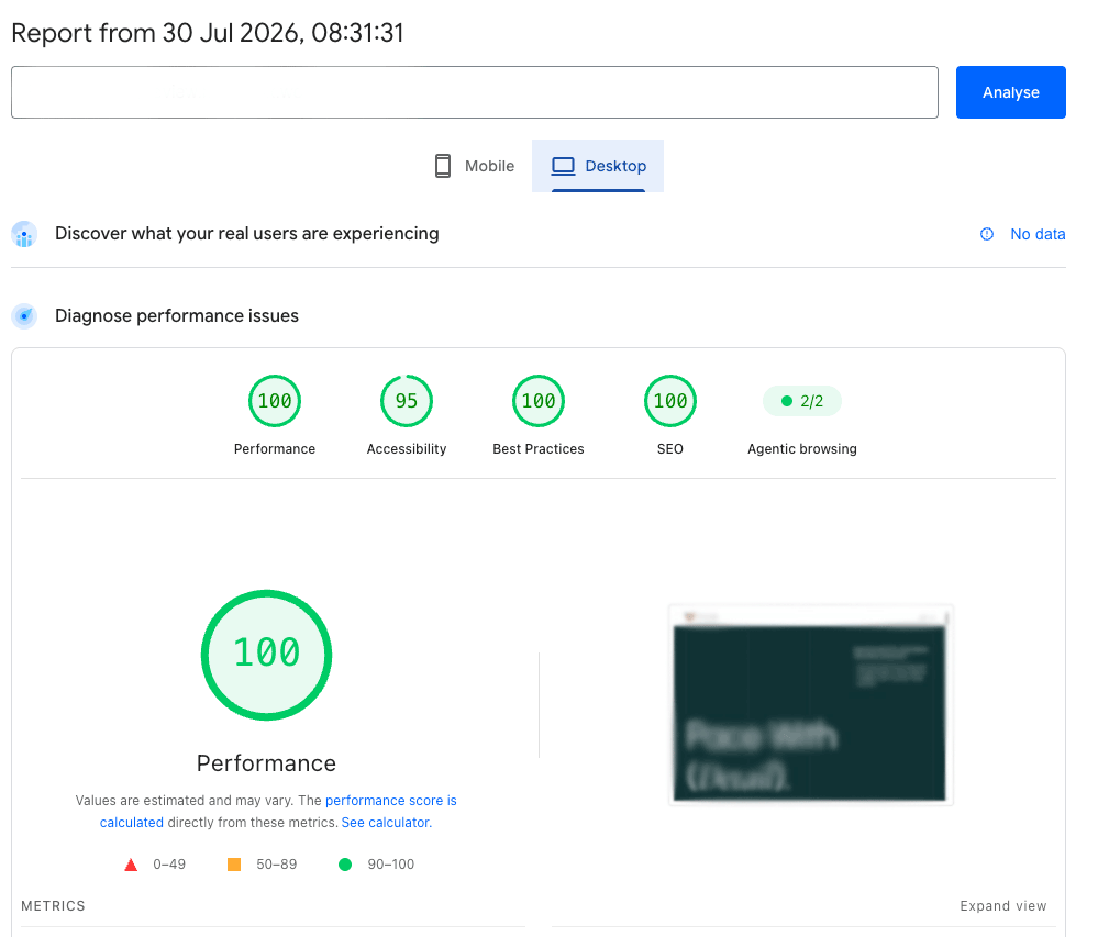 100% Performance, Best Practices and SEO score on PageSpeed Insights for the mouriaux AI Mutli-Agent system website production