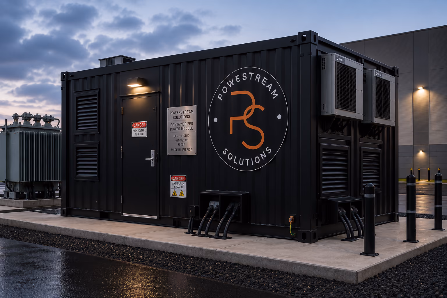 A large black containerized power module labeled 'Powestream Solutions' sits on a concrete pad next to electrical equipment during twilight, with warning signs and ventilation units visible.