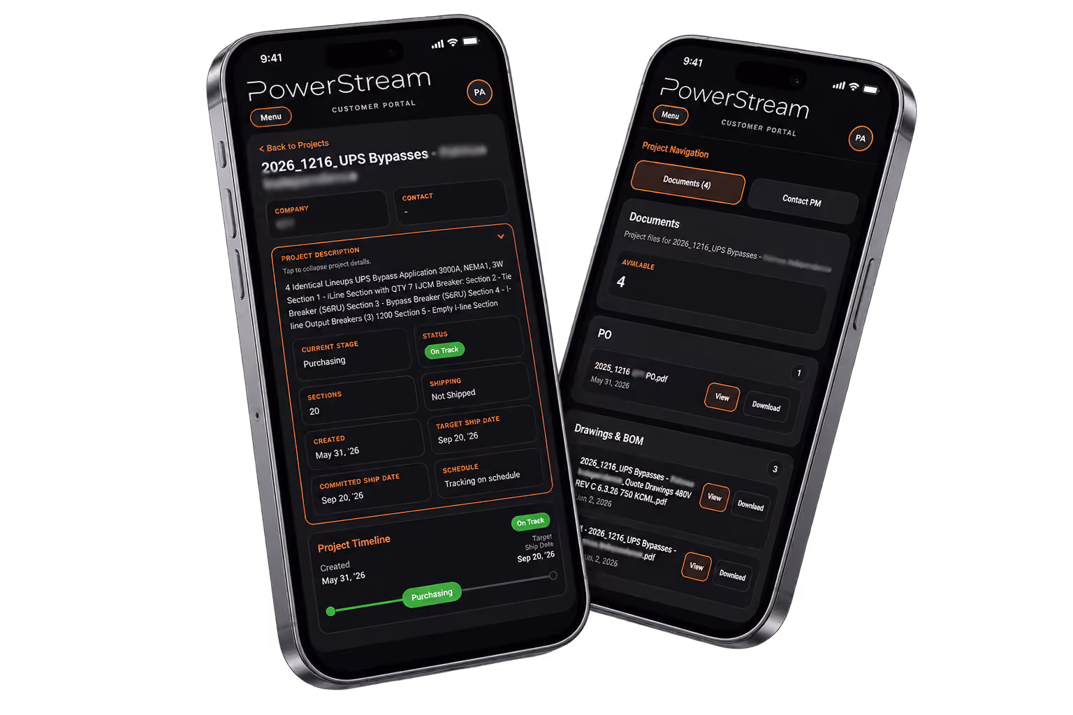 Two smartphones displaying the PowerStream customer portal app with project details; the left phone shows project description, stage, shipping status, sections, dates, and timeline, while the right phone shows project navigation with document lists and download buttons.