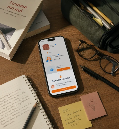 Smartphone on desk shows an unlocked field task app with notes, glasses, pen, and books nearby.