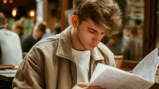 Young man reading focused on papers in a casual indoor setting with blurred background.