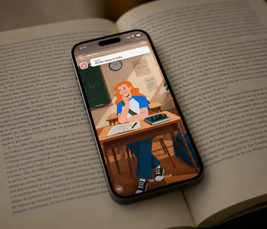 Smartphone on open book shows an illustrated character named Sofia in a classroom setting.