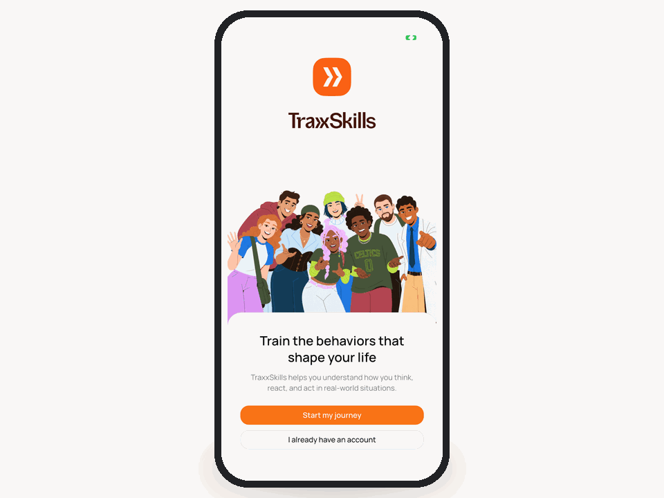 Animated sequence of TraxxSkills app screens showing lessons, conversations, and activities.