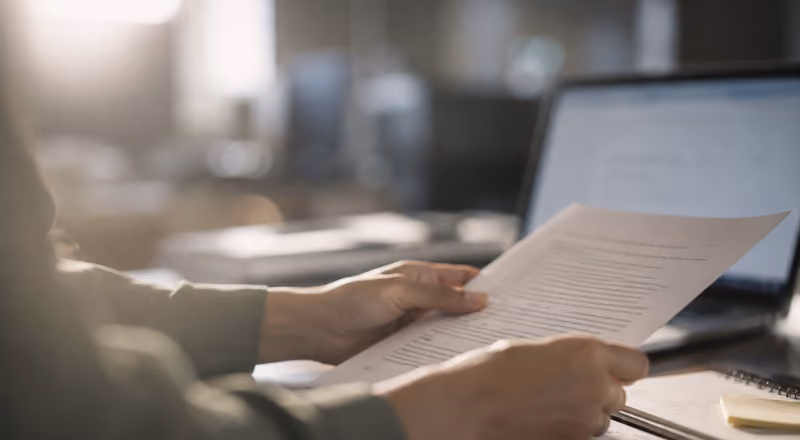 Person holding and reading a printed document with a laptop and notebook on a desk.