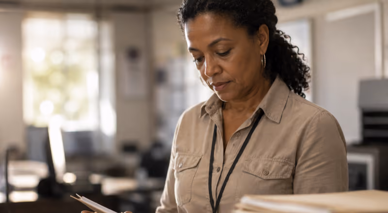 Woman in a beige shirt looking down at papers in a softly lit office environment.