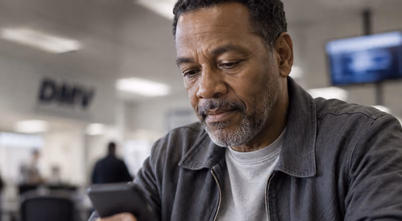 Man in a DMV waiting area looking at his smartphone with a thoughtful expression.