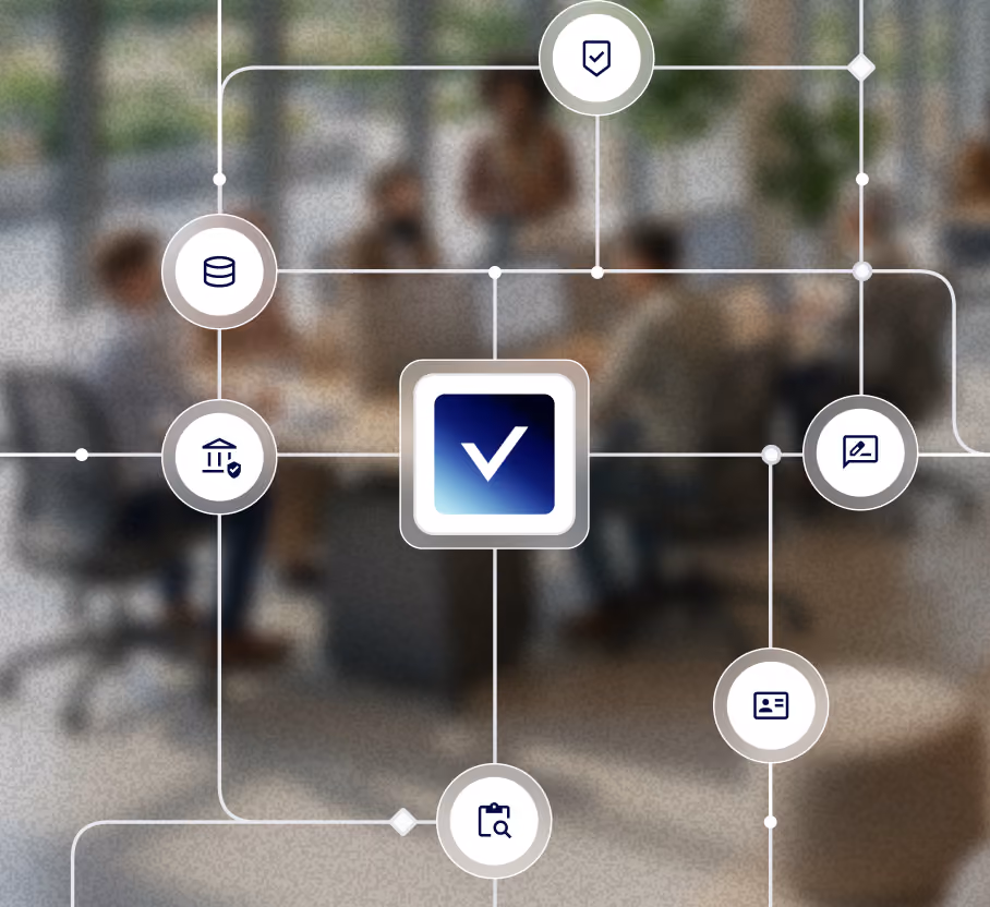 Blurred office meeting with digital icons connected by lines overlaid on the image.