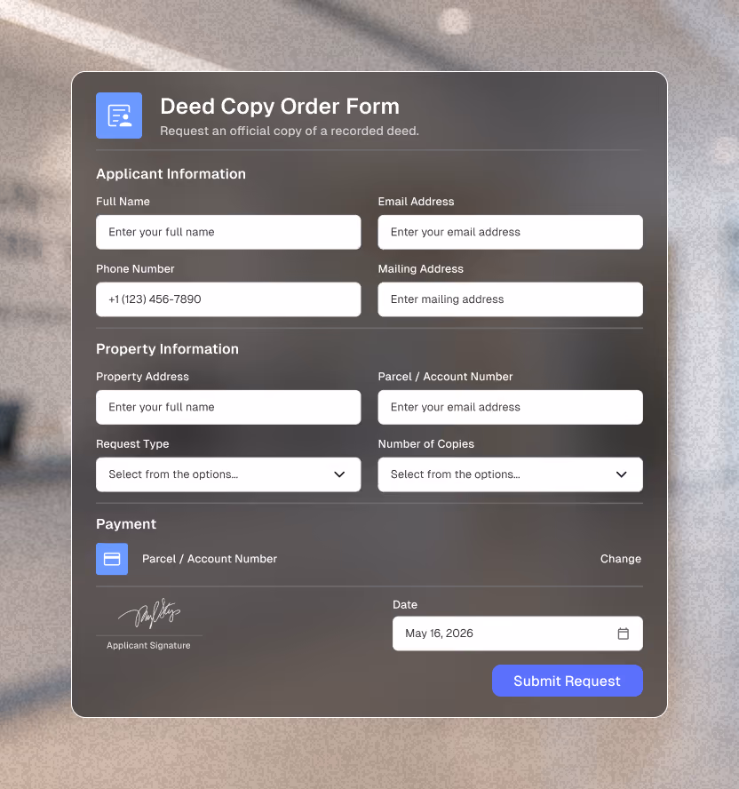 Deed copy order form with fields for applicant, property info, payment method, signature, and submit button.