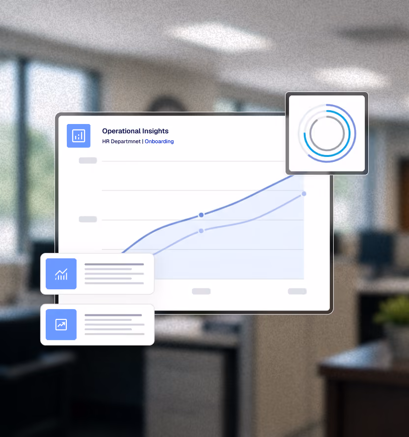 Graph titled Operational Insights with rising lines and circular infographic overlay, in blurred office background.