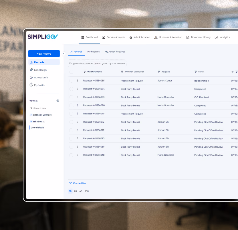 User defaults screen showing a list of service accounts with names, access types, and portfolio details.