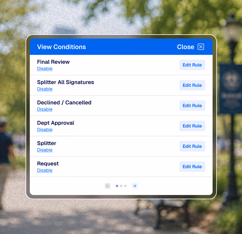 Dialog showing view conditions with rules and edit links to disable next on various items.