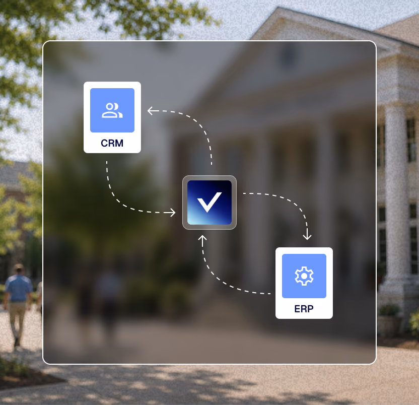 Icon of two people representing CRM with dashed arrows for two-way data exchange.