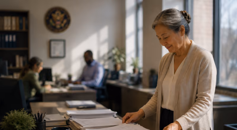 Woman reviewing documents in a sunlit office with colleagues working in the background.