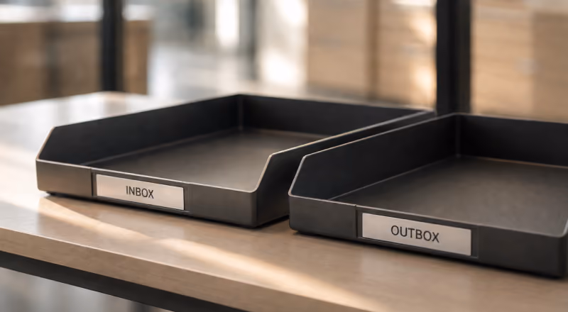 Empty black plastic inbox and outbox trays on a wooden office desk near windows.