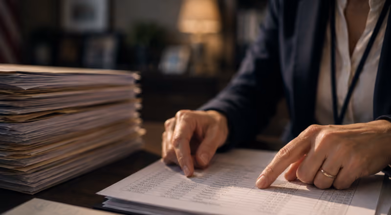 Person pointing at rows of data on a printed spreadsheet with a large stack of documents nearby.
