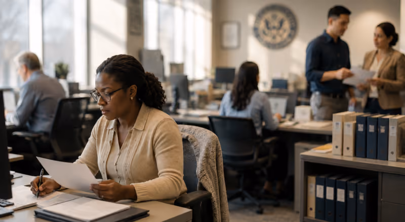 Woman reviewing documents and taking notes at desk in a busy office with coworkers.