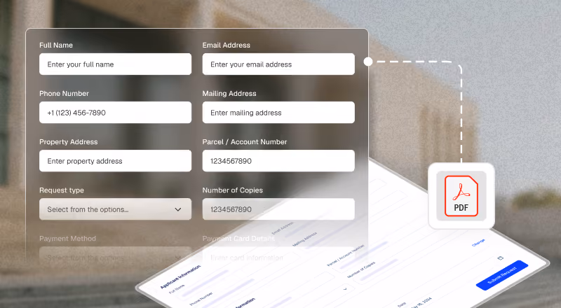 Digital form fields for contact and property info linked to a PDF document icon.