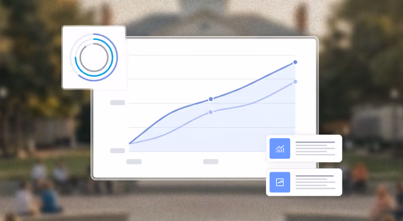 Line graph with two upward trending lines and data points, with circular and rectangular infographic icons.