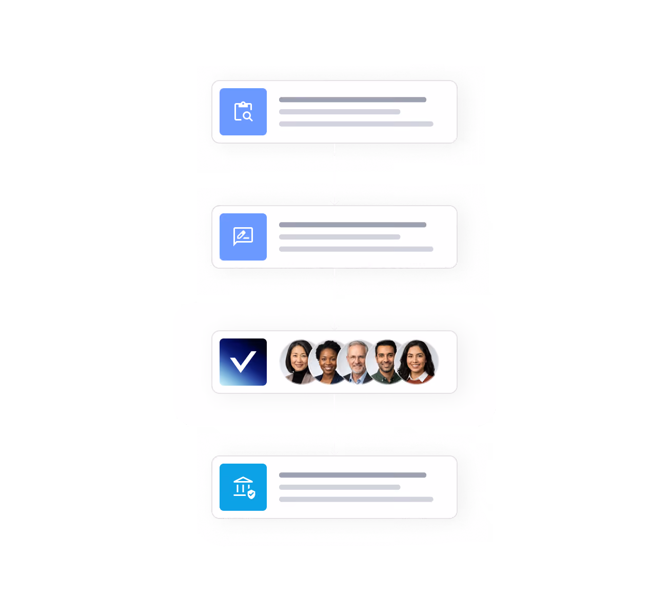 Flowchart with four boxes linked by arrows, including icons, text lines, and five diverse faces in one box.