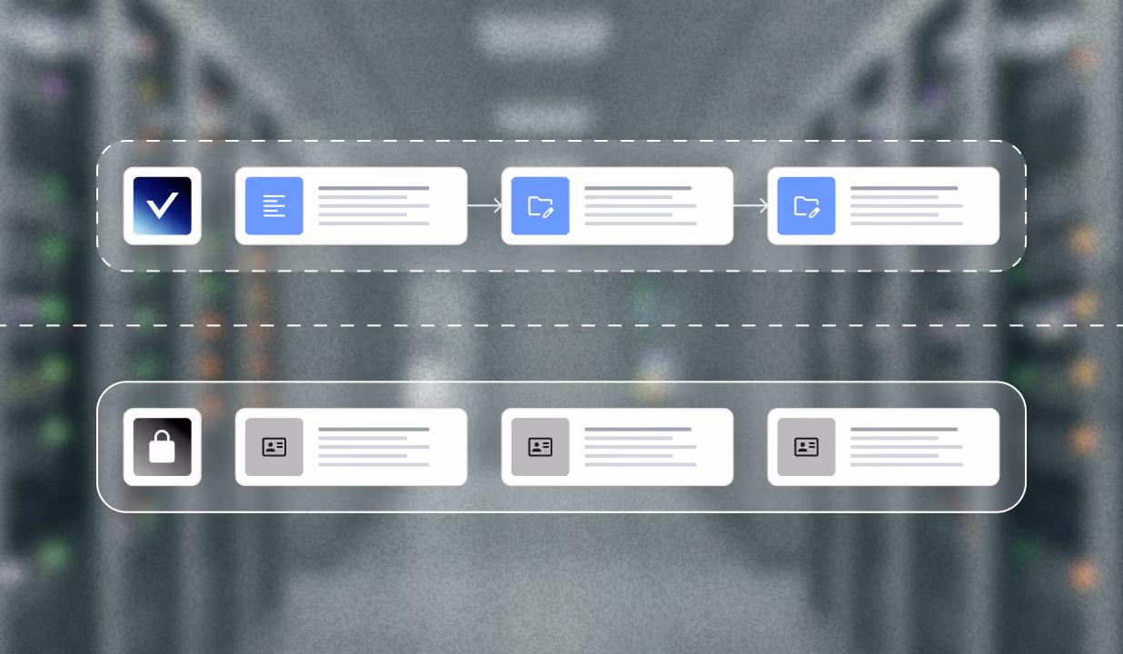 Two horizontal flowcharts: the top shows a checkmark and document steps, the bottom shows a lock and ID steps.