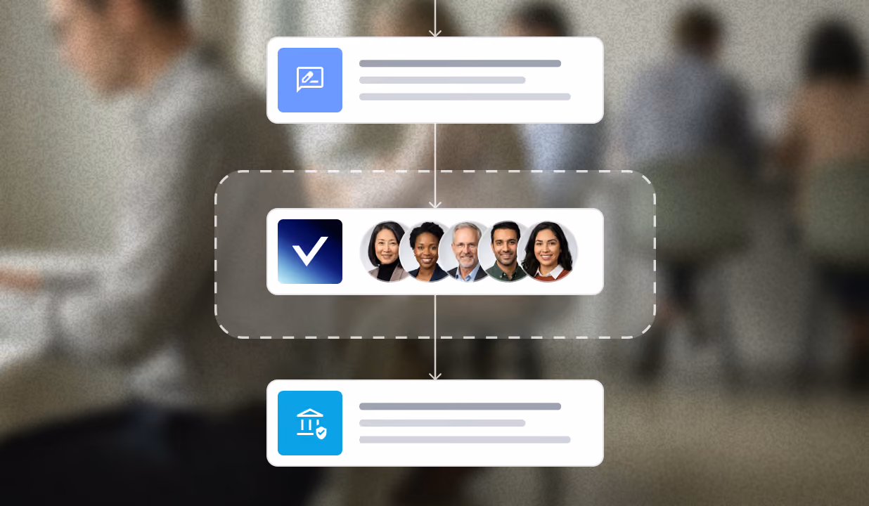 Flowchart with three connected boxes; middle shows five diverse professional faces with checkmark icon.