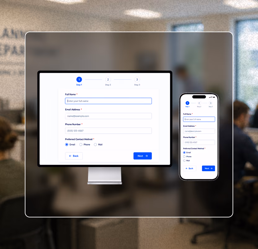 Responsive online form on desktop and mobile showing steps to enter contact details and select contact method.