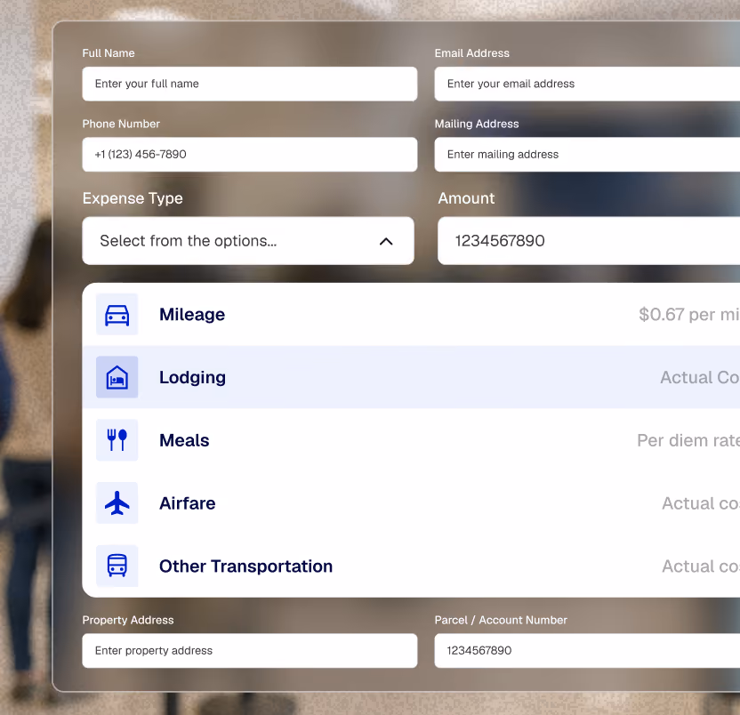 Dropdown menu showing expense types including Mileage, Lodging, Meals, Airfare, and Other Transportation.