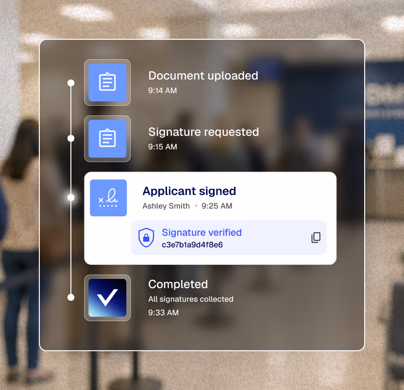 Audit trail showing steps: document uploaded, signature requested, applicant signed, and all signatures completed.