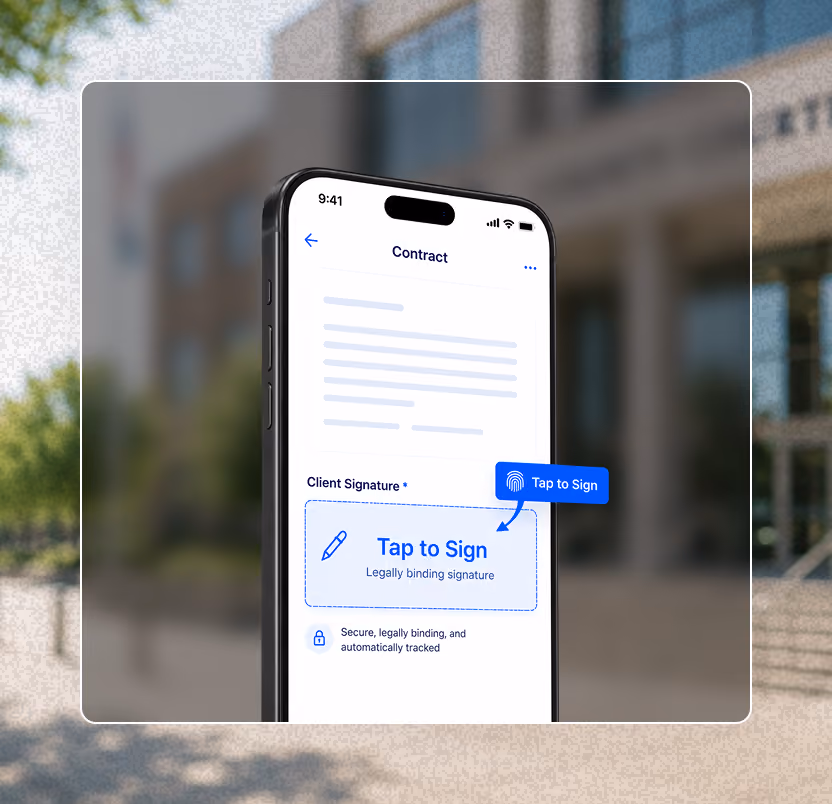 Smartphone screen showing a contract with a blue 'Tap to Sign' button for a legally binding signature.
