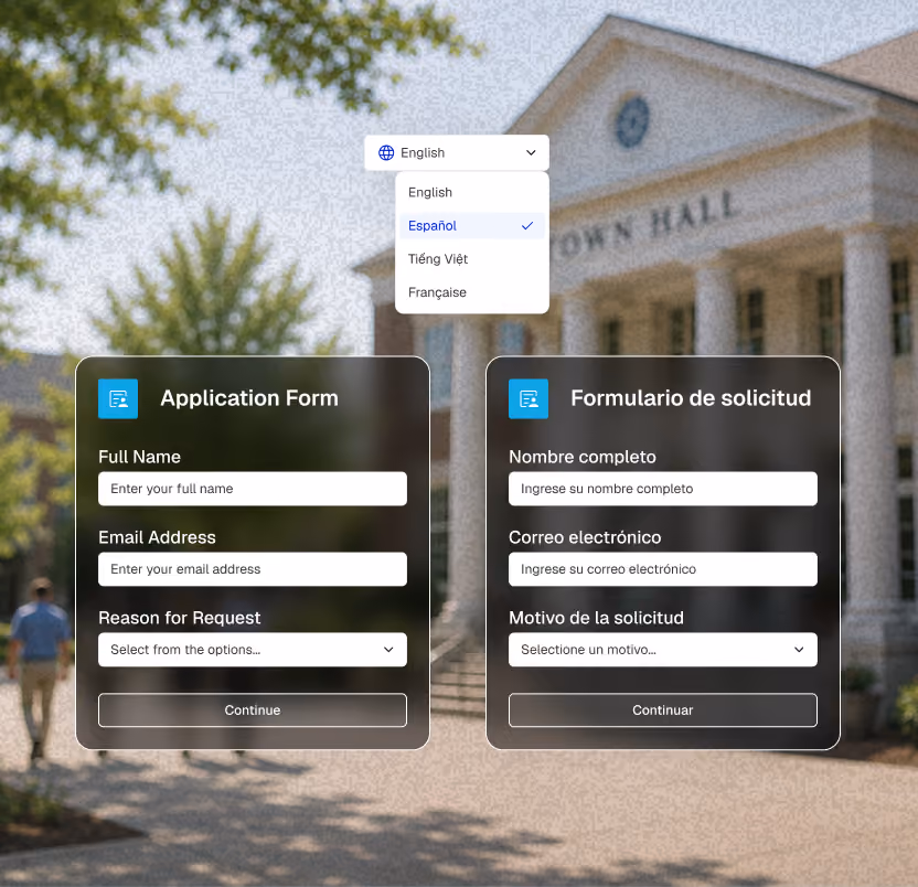 Illustration of an auto-translation interface translating an application form from English to Spanish.