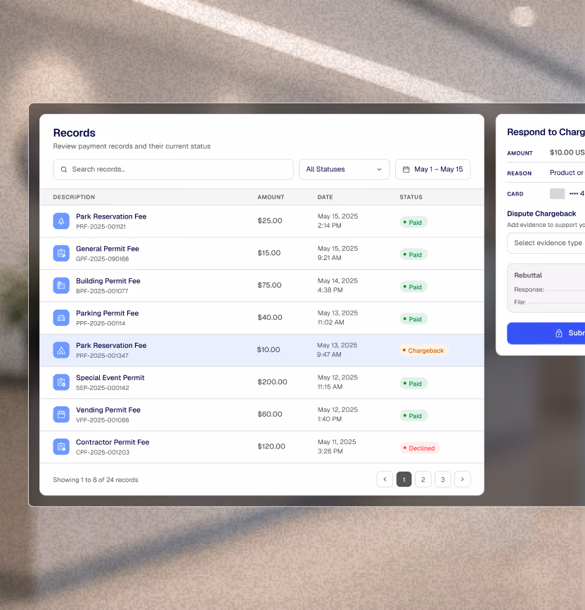 Digital payments dashboard showing fees, amounts, dates, and payment status for various permits and reservations.