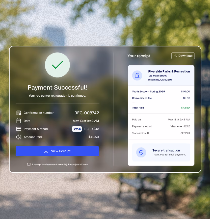 Payment successful confirmation showing registration details, payment method, amount, and receipt options.