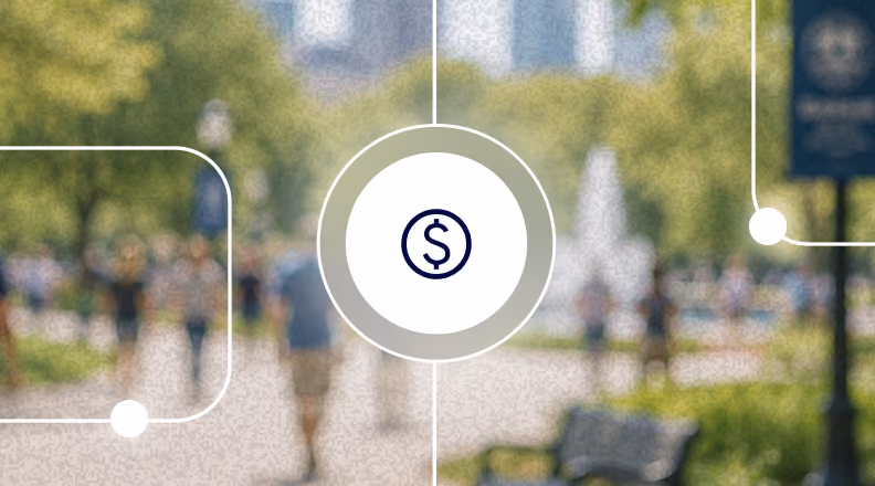 Dollar sign icon in white circle over blurred park background with people and trees.