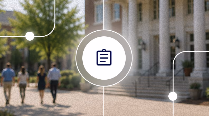 Four students walking on a sunny campus path near building columns with a clipboard icon overlaid in center.