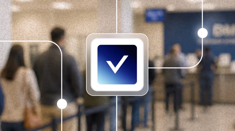 People standing in line at a service counter with a checkmark icon overlay.