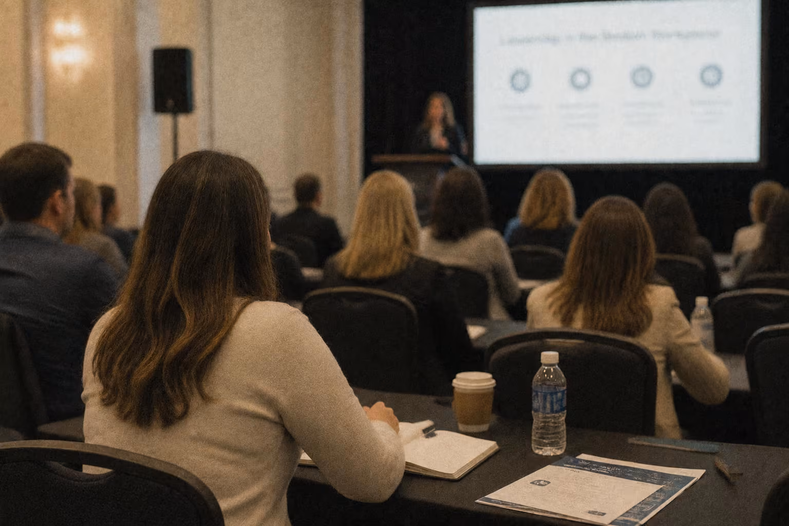 Audience seated at tables listening to a speaker presenting slides at a conference or seminar.