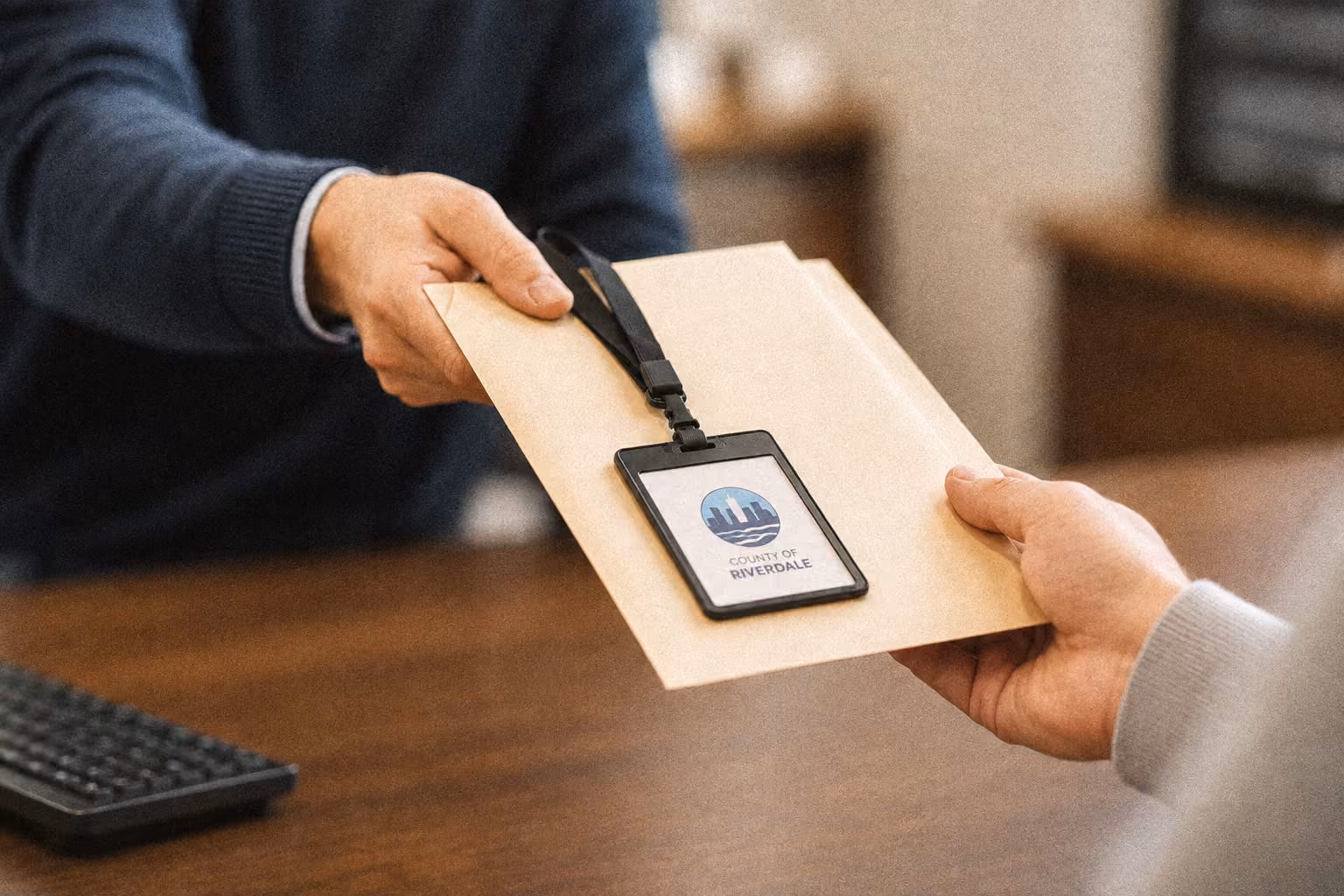 Two people exchanging a tan envelope with a County of Riverdale ID badge on top over a wooden desk.