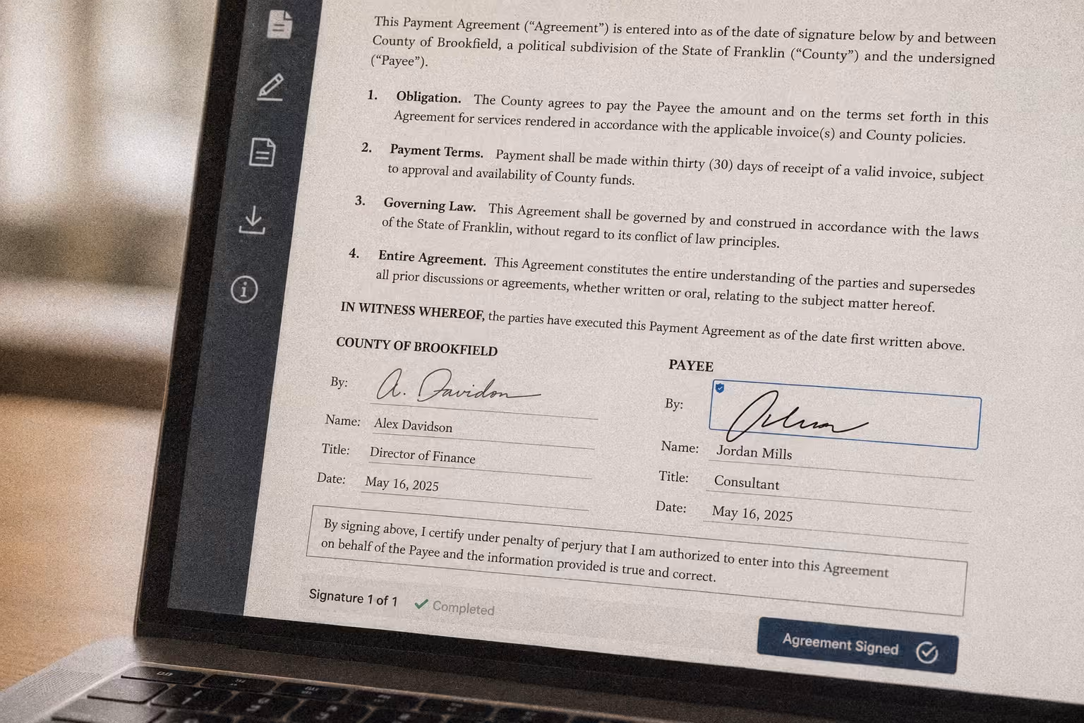 Digital Payment Agreement signed by Alex Davidson, Director of Finance, and Jordan Mills, Consultant.