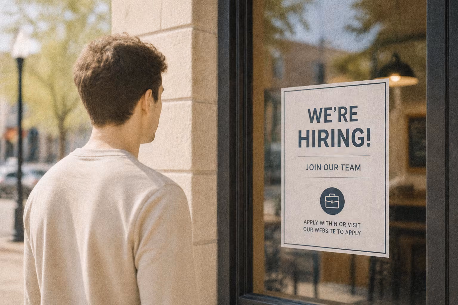Man looking at a storefront sign that says 'We’re Hiring! Join Our Team' with application details.