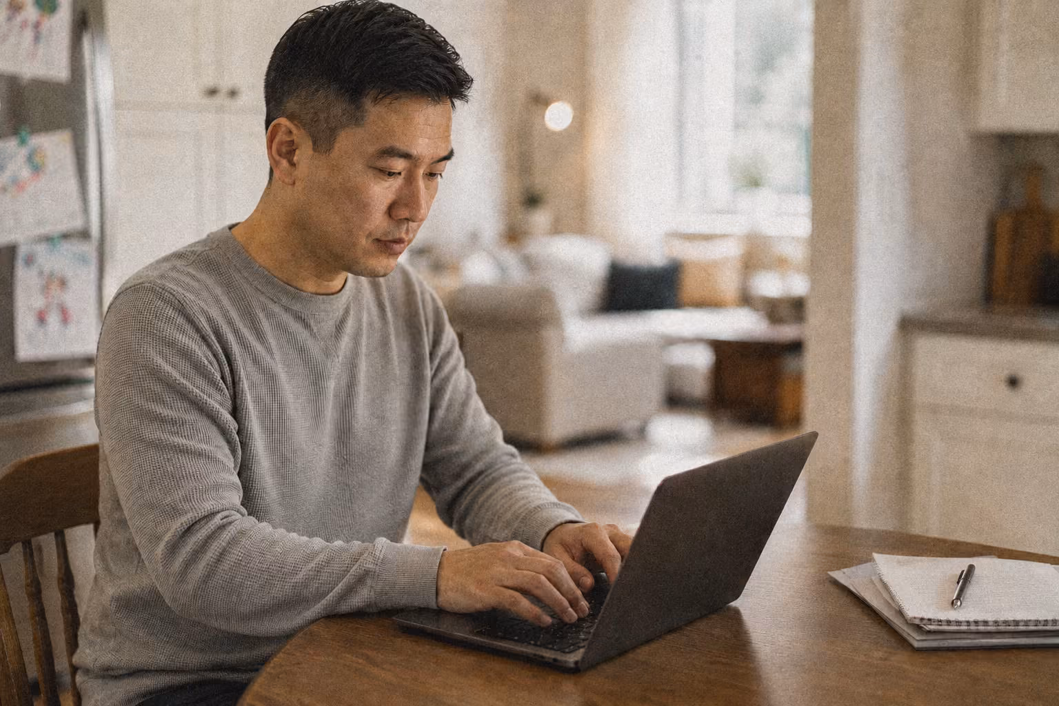 Man in gray sweater working on a laptop at a wooden table with notebooks and a pen.