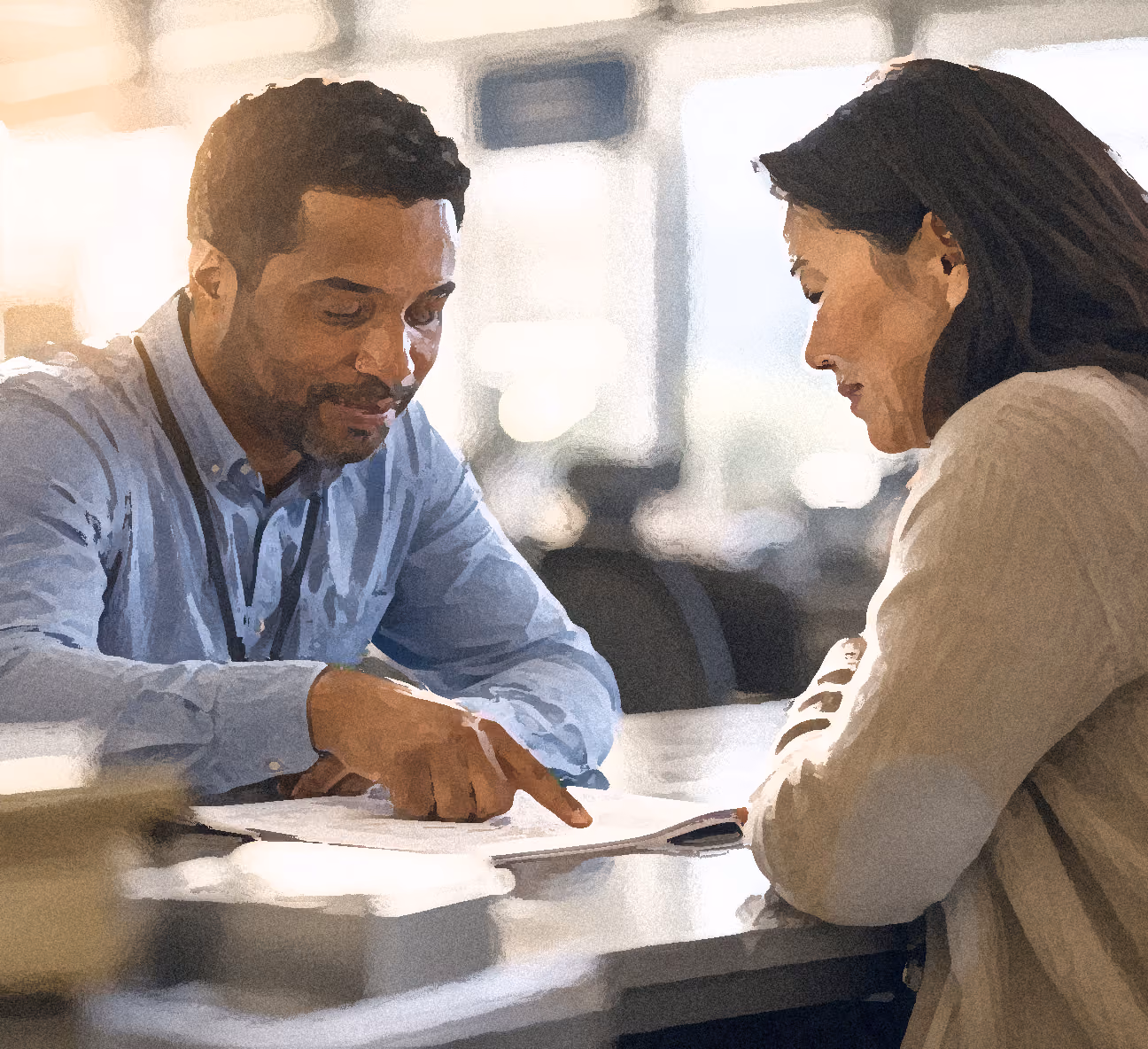 Man in blue shirt pointing to paper as woman in white listens at a table in a bright office.