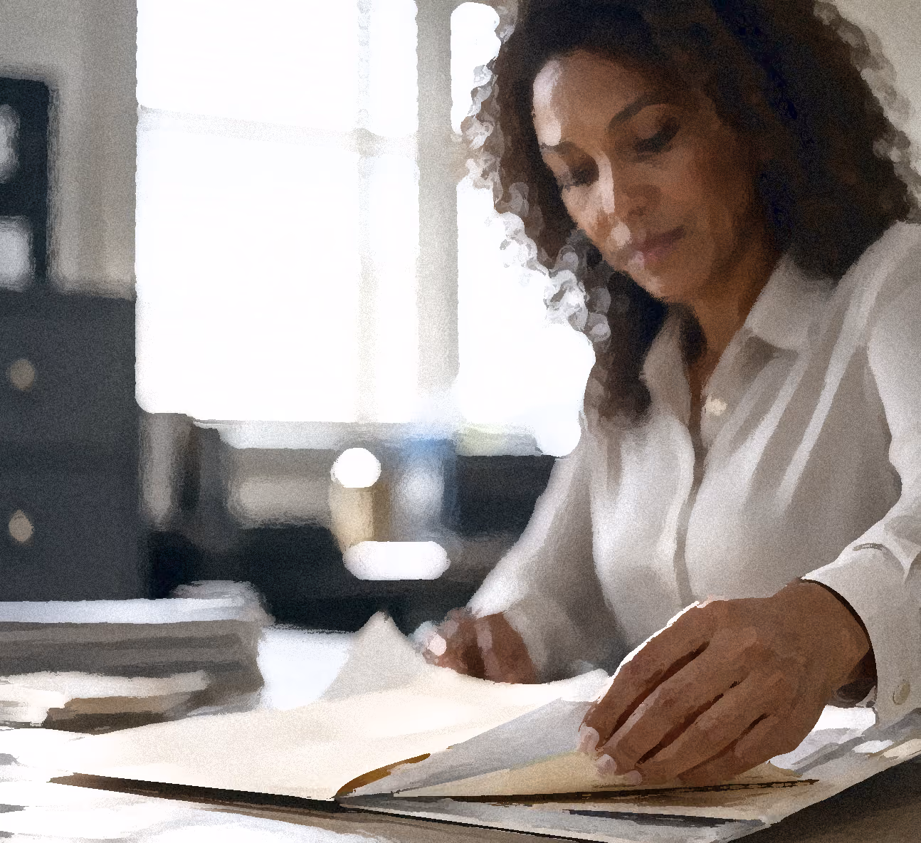 Woman in white shirt reviewing documents at a desk with natural light from a window.