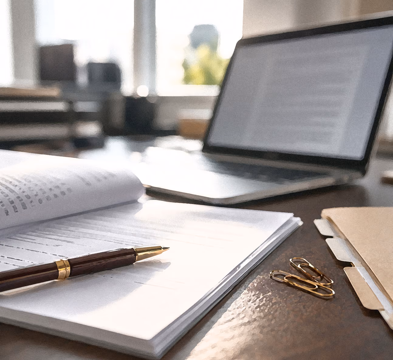 Pen resting on an open book with a laptop and paper clips on a desk in the background.